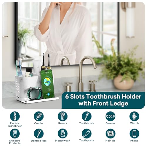 Toothbrush Holders, Toothbrush Caddy with Front Ledge and Cord Slots, Detachable Tooth Brush Holder for Bathroom Countertop, Shower, Vanity, Large Capacity 6 Slots Marble Bathroom Accessories - color: White and Marble