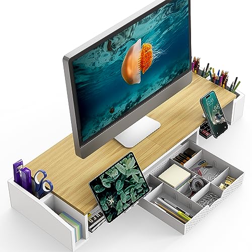 Simple Houseware Desk Dual Monitor Stand Riser with Drawer, Oak - color: Oak