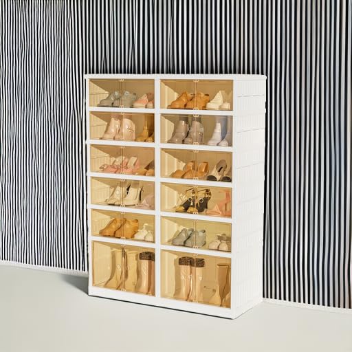 6-Tier Portable Shoe Rack Organizer for Closet, 24 Pairs Shoe Container Bins, Clear Plastic Collapsible Shoes Storage Box, Stackable Sneaker Storage Shoe Cabinet with Door - size: 6 Tiers - 24 Pairs