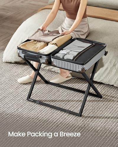 SONGMICS Luggage Rack, Foldable Suitcase Stand, Metal Luggage Holder, Synthetic Leather, Easy to Assemble, for Guest Room, Hotel, Bedroom, Ink Black and Charcoal Gray URLR009B01 - color: Black, size: 1 Pack, style: with Synthetic Leather