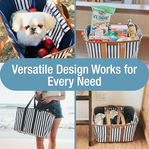 CleverMade Collapsible LUXE Tote - Reusable Grocery Shopping Storage Bag Organizer w/Handles Reinforced Bottom - color: Navy Stripe