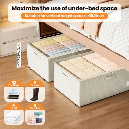 Dayacoco Underbed Storage with Wheels, 2 Pack Under Bed Storage Containers with Clear Lids, No Assembly Required 10.1 inch Rolling Under Bed Storage for Clothes, Beige - size: 10.1 inch height-beige