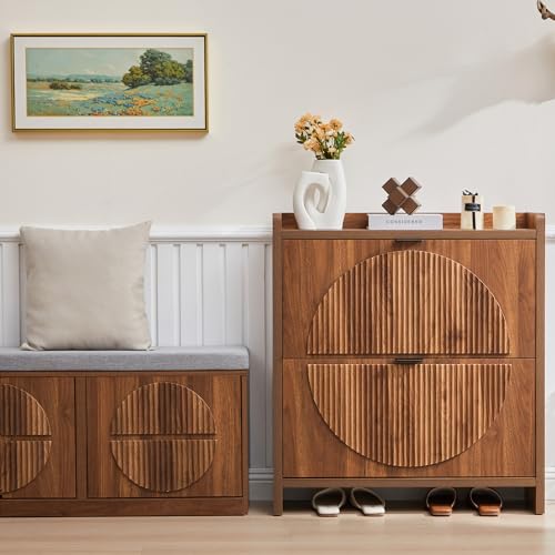 Narrow Shoe Cabinet Storage for Entryway, Wood Slim Shoe Rack Cabinet with 2 Flip Drawers, Freestanding Hidden Shoe Storage Organizer, Space-Saving, Fluted Pattern for Hallway,Living Room (Walnut) - color: Walnut-2 Flip Drawers