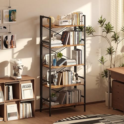 Homeiju Folding Bookshelf,5 Tier Bookcase Foldable Shelf with X-Bracket Design, Adjustable Feet, Space Saving Storage for Living Room, Office, Rustic Brown - color: Rustic Brown, size: 5 Tier