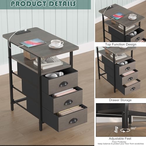 sthmec End Table with Charging Station,LED Side Tables with USB Ports and Outlets,Narrow Nightstands Bedside Tables with 3 Drawers for Small Space,Slim Sofa Table for Livingroom,Grey - color: Grey, size: 11.75'' W*21'' D* 24.3'' H, style: Power & LED