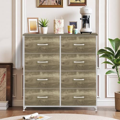 8-Drawer Dresser for Bedroom, Anti-Tip Tall Storage Organizer Chest of Drawers with Wooden Top and Metal Frame Fabric Bins for Closet, Living Room, Hallway, Entryway, Greige Oak - color: Greige Oak, size: 11.8"D x 31.4"W x 36.3"H (8 Drawers)