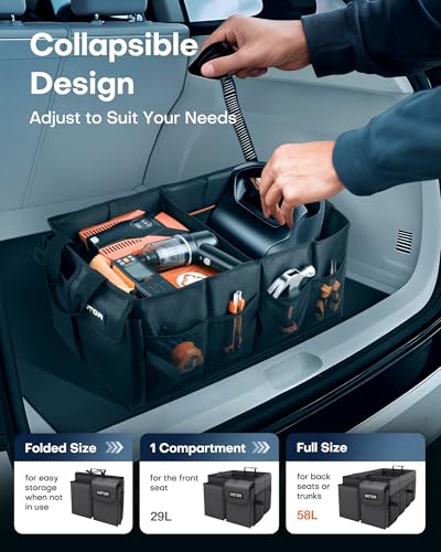 HOTOR Foldable Trunk Organizer - SUVs & Sedans, Sturdy Car Organization With 2 Compartments, Black, 23.6"×14.2"×10.6" - color: Black, size: Large (2 Compartments)