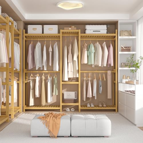 Homykic Bamboo Closet System Clothes Rack, Large Freestanding Garment Rack Clothing Rack for Hanging Clothes with 7 Storage Shelves and 5 Rods, Open Wardrobe Organizer with 4 Hooks, Natural - color: Natural, size: III Large