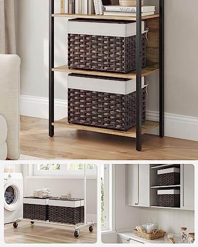 SONGMICS Storage Basket with Lid, Woven Blanket Storage Bin with Handles, Foldable, Removable Liner, Metal Frame, for Bedroom, Laundry Room, 9.2 Gallons (35 L), Brown URST040K01 - color: Brown, size: 35 L