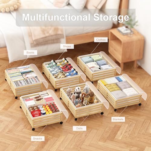 Under Bed Storage Containers With Wheels - 2 Pcs Bamboo Wood Rolling Underbed Shoe Storage Bins With Dust Bags for Clothes Blankets, Duvet Covers Snacks Toys (Natural) - color: Nature, size: M
