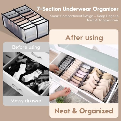 2-Pack Underwear Storage Organizer, 7-Compartment Foldable Drawer Divider for Home, Closet, and Travel Use, Mesh Fabric Organizer Box for Clothing - color: 2 Black