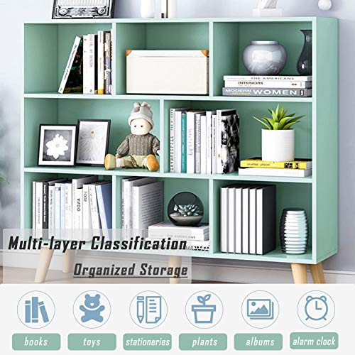 IOTXY Wooden Open Shelf Bookcase - 3-Tier Floor Standing Display Cabinet Rack with Legs, 8 Cubes Bookshelf, Tiffany-Green | Display Cabinet - color: Tiffany Green, size: 100CM