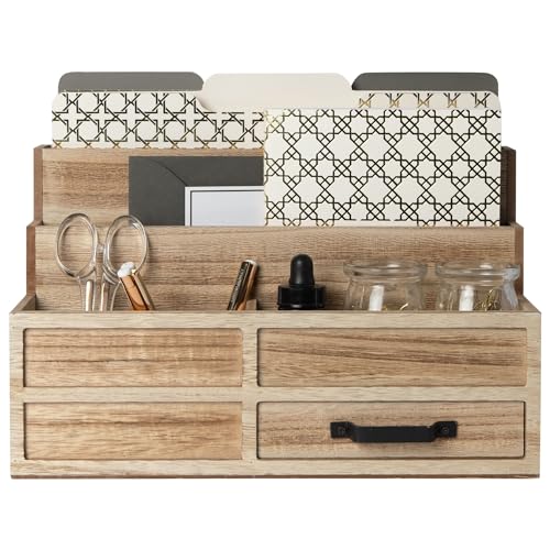 BLU MONACO | Natural Wood Mail Organizer with Drawer & Pen Holder | Rustic Desk Organizer for Bills, Letters & Countertop Storage | Wooden Desktop Mail Sorter for Home & Kitchen - color: Natural Wood