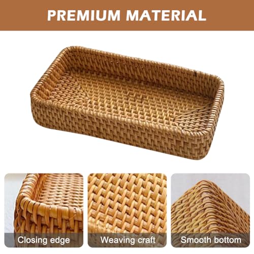 8in Rattan Bathroom Vanity Tray, Toilet Tank Basket, Bathroom Decor Box, Small Narrow Guest Towel Holder for Vanity, Countertop, Bathroom, Kitchen and Cabinet Storage(Color:Wood)