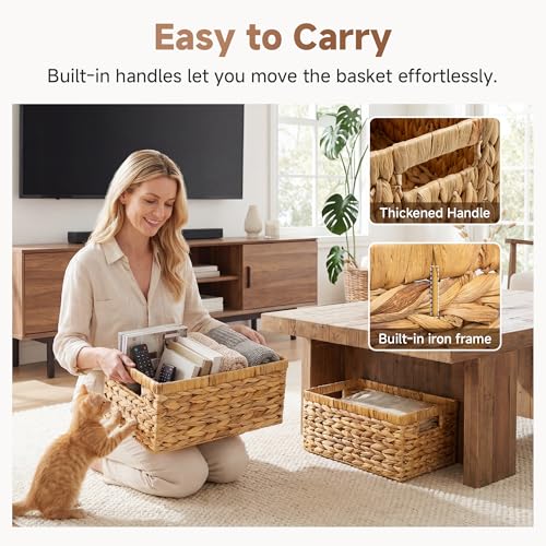 StorageWorks Wicker Storage Baskets, Handwoven Water Hyacinth Basket for Organizing, Decorative Organizers with Built-in Handles, Set of 2 - color: Natural (Water Hyacinth), size: 15"L x 11½"W x 7"H + 13"L x 9"W x 6¼"H