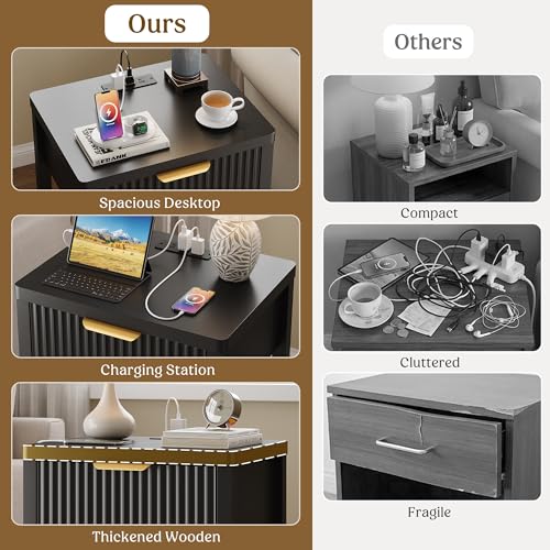 Lulive Modern Black Night Stand, Fluted Nightstand with Charging Station, Wood Modern Bedside End Table with Storage Drawer for Bedroom, Save Space (Set of 1, Black) - color: Black, size: 1 Drawer-Set of 1 Nightstand
