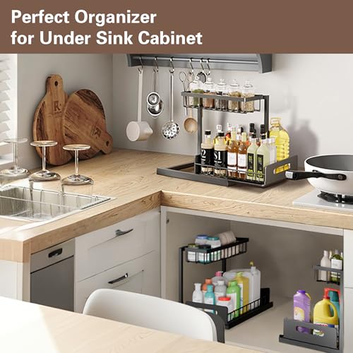 VUSIGN Under Kitchen Sink Organizer, 2 Tier Metal Slide out Sink Shelf Pull out Cabinet Organizer Drawers for Bathroom Kitchen Laundry, 2 Pack, Black - color: Black-2PCS