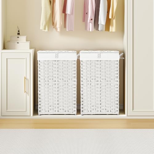 Greenstell Laundry Hamper with Lid, 60L Clothes Hamper with 2 Removable Liner Bags & 2 Mesh Bags, Handwoven Synthetic Rattan Basket, Toys in Bathroom, Bedroom White - color: White, size: 60L (13.4 x 13.4 x 21.7 inches)