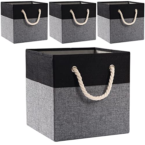 PRANDOM Large Foldable Cube Storage Bins 11x11 inch [4-Pack] Fabric Linen Storage Baskets Cubes Drawer with Cotton Handles Organizer for Shelves Nursery Closet Bedroom Black - color: Black, size: 11x11 inch(4-Pack)
