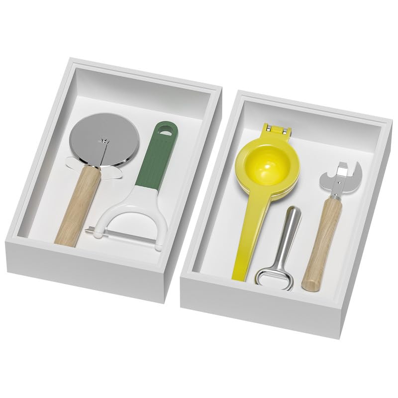 Lixple Bamboo Drawer Organizer, Cutlery Silverware Organizer for Kitchen Drawer, Stackable Utensil Organizer, 2 Pcs Flatware Organizer, Wooden Storage Box Tray (White, 9 X 6 X 2 Inch) - color: White, size: 9 x 6 x 2 Inch