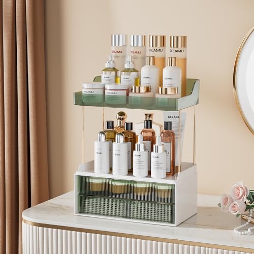 Delamu Bathroom Organizers and Storage, 2 Tier 2 Drawer Makeup Organizer Countertop, Easy to Install, Ideal for Bathroom Counter, Vanity, Ideal for Women Girls, Green - color: Green, size: 2Drawers 1 Pack