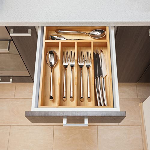 Umilife Kitchen Drawer Organizer, 10 Inch Silverware Utensil Tray Holder, Extra Deep, with Non-Slip Feet & Grooved Drawer Divider, 5 Slots Total Bamboo Wood Caddy for Flatware Cutlery Knives - size: 10 x 14 inch (5 Slots)