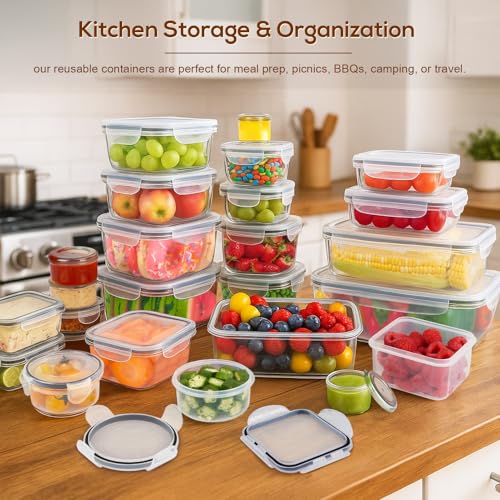 50 PCS Thicker Food Storage Containers with Lids, Clear Stackable Airtight Leakproof Reusable Plastic Meal Prep Container Set for Kitchen Storage/ Lunch, Fridge/ Microwave Safe with Labels&Pen - size: 405oz-25 Pack