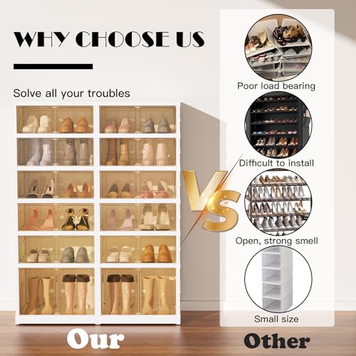 6-Tier Portable Shoe Rack Organizer for Closet, 24 Pairs Shoe Container Bins, Clear Plastic Collapsible Shoes Storage Box, Stackable Sneaker Storage Shoe Cabinet with Door - size: 6 Tiers - 24 Pairs