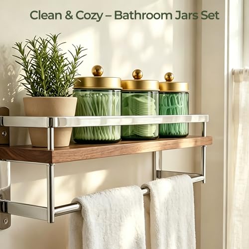 Amolliar 4 Pack Apothecary Jars Bathroom Vanity Storage Organizer Set -Countertop Canister with Stainless Steel Lids &Stickers Qtip Dispenser Holder for Cotton Swab (Green-golden Lid) - color: Green-Gold Lid P1