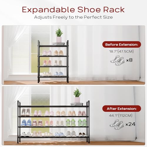 Bumusty 4-Tier Long Expandable Shoe Rack for Closet, 18"-44" Adjustable Shoe Rack for Entryway, 20-24 Pairs Large Shoe Organizer Shelf Storage, Sturdy Metal, Black - color: Black, size: 4-Tier