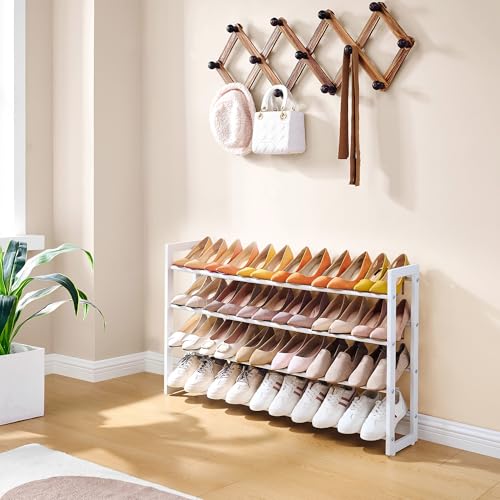FAVOOSTY 4-Tier Expandable Shoe Rack, Adjustable Shoe Shelf Storage Organizer Space Saving Metal Free Standing Shoe Rack for Entryway Closet Doorway, White - color: White, size: 4 Tier
