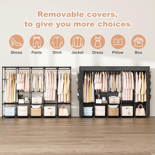 Portable Closet Storage, Portable Wardrobe Closet Organizer Clothes Rack wtih Cover, Hanging Rod, Storage Shelves and Side Pockets, Large Portable Closets for Hanging Clothes, Black - color: Black, size: 5 Row - 82'' Wide
