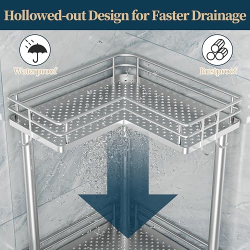 Consumest Corner Shower Caddy Standing - 3-Tier Stainless Steel Shower Organizer with Soap Holder and 4 Hooks, Large Capacity Corner Shelf Stand for Bathroom, Rest Room, Silver - color: Silver, size: 3 Tier