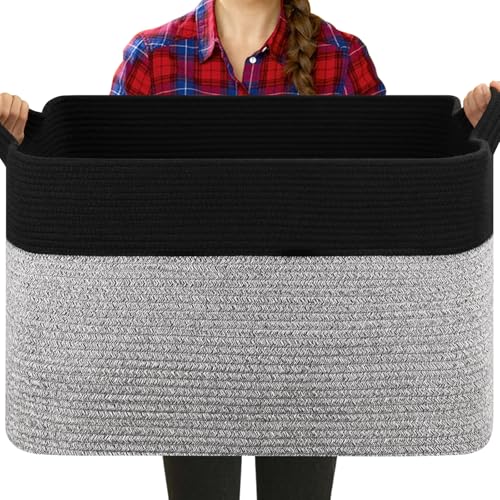 Extra Large Laundry Basket, 95L Blanket Basket for Living Room, Cotton Rope Toy Storage for Kids, Woven Storage for Clothes, Towels, Pillows, 24" x 17" x 14", Pink and White - color: Black & Grey, size: 24"x16.9"x14.2"
