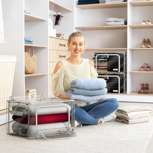 Sorbus Storage Bins with Metal Frame - Stackable & Foldable Clothes Organizer Bags - Clear Soft Plastic Storage Containers with & Carry Handles Organization for Bedding Linen & Clothing - size: Large, style: 2 Pack