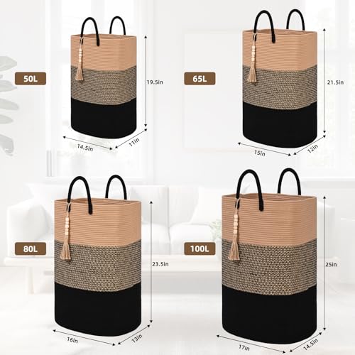 Woven Laundry Basket for Clothes, 65L Large Rectangle Laundry Hampers with Beads Tassel, Nursery Storage Basket for Toys, Tall Dirty Clothes Hamper for Bedroom Aesthetic, Laundry Room Organization - color: Brown&Black, size: 65L