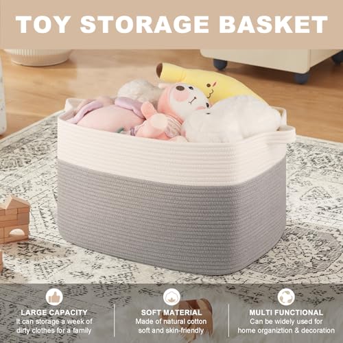 OIASKET Blanket Basket for Living Room, Cotton Rope Basket for Storage, Toy Baskets Bin for kids, Woven Baskets with Handles for Clothes, Towels, Pillows, 20" x 16" x 12", Grey and White (Pack of 2) - color: Grey & White, size: 19.7"x15.8"x11.8" (Pack of