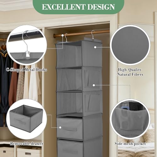 Garvee Hanging Closet Organizer with Drawers, 3-Tier Non-Woven Fabric Storage Shelves, Foldable Closet Organizer for Bedroom, 11.8x11.8x47.2 Inches, Grey - color: Beige