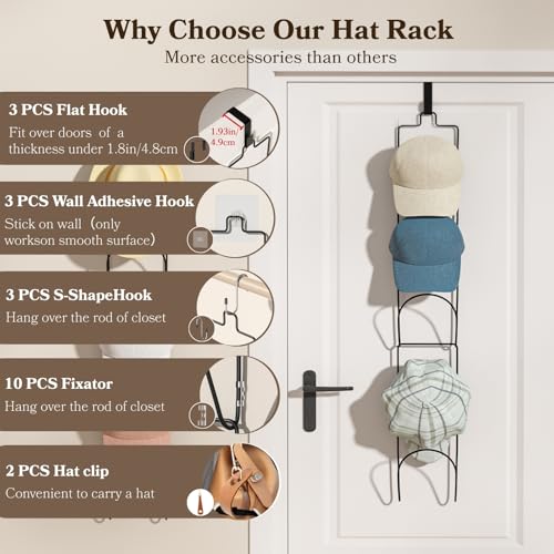 18 Pack Over The Door Hat Organizer for baseball caps | Multi-Functional Baseball Hat Rack for Closet | Wall Mounted Hat s torage organizer | 5 types of accessories cap holder stand w hooks ,Black - color: 18pcs Black, size: Trapezoidal Ring