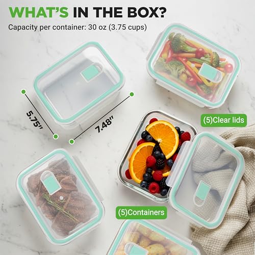 NutriChef 10 Piece Glass Food Storage Containers with Lids – 30 oz Meal Prep Containers Reusable Glass – Airtight Lunch Containers for Food Storage – Freezer to Oven Safe - Green - color: Green