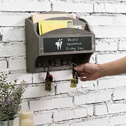 MyGift 2-Compartment Vintage Gray Wood Wall Mounted Entryway Mail Organizer Letter Sorter with Chalkboard Label Surface and 4 Double Key Hooks