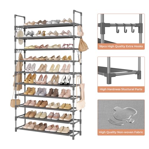 LANTEFUL Tall Shoe Rack 10 Tier Shoe Organizer Large Shoe Shelf with 18 Hooks Storage for 50 Pair Sneaker and Boot, Stackable Vertical Shoe Rack Organizer for Closet, Entryway, Bedroom, Grey - color: Grey, size: 10 Tier-68" High-34" Wide