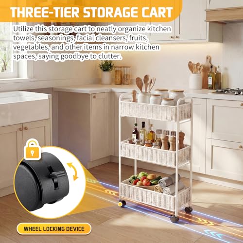 FOCHIER F Utility Slim Storage Cart,3-Tier Rolling Kitchen Office Laundry Room Cart,Mobile Shelving Unit Organizer for Living Room Bathroom Baby Diaper Narrow Places (White, UC-White-7.1inch) - color: White