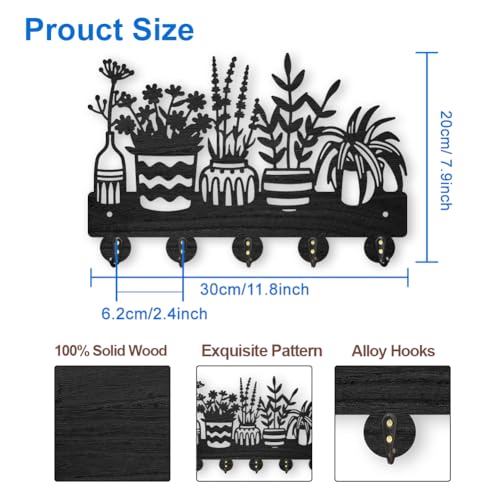 MAYJOYDIY Potted Plant Coat Hooks Wall Mount Wood Flower Pot Key Holder 11.87.9inch 5 Alloy Hooks Black Key Rack Organizer for Gift Wall Art Decor Florists Entryway Hallway Kitchen Room - color: Potted Plant