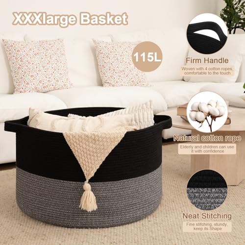 OIAHOMY 115L Extra Large Blanket Basket, 23.6" x 15.4" Woven Cotton Rope Laundry Basket for Organizing Pillows, Decorative Stuffed Animal Toy Storage Bin for Nursery, Black and Grey - color: Black and Grey, size: 23.6"D x 15.4"H