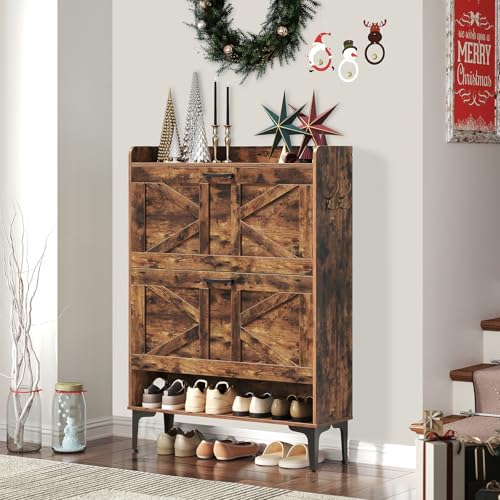 MAHANCRIS Shoe Storage Cabinet, Shoe Organizer with 2 Flip Drawers, Hidden Shoe Storage for Entryway, Freestanding Organizer with Open Storages, Rustic Brown SHHR9401N1 - color: Rustic Brown