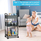 3-tier Baby Diaper Caddy Organizer and Storage Cart with 4+3 Dividers, Metal Utility Cart with Lockable Wheels for Nursery, Bedroom, Bathroom, Black - color: Black