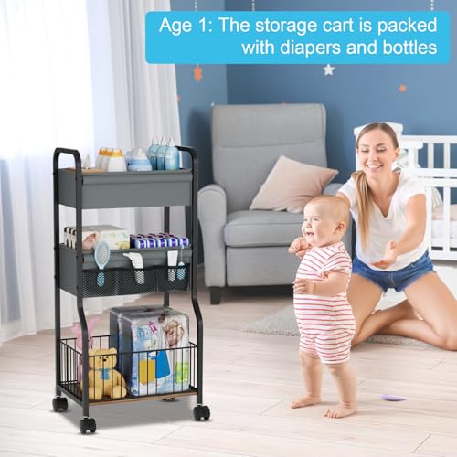 3-tier Baby Diaper Caddy Organizer and Storage Cart with 4+3 Dividers, Metal Utility Cart with Lockable Wheels for Nursery, Bedroom, Bathroom, Black - color: Black