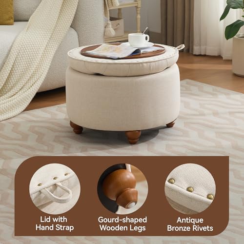 WUTUTUEE 24Inch Round Storage Ottoman with Tray, Modern Tufted Fabric Circle Coffee Table with Storage, Upholstered Ottoman with Removable Top for Living Room, Bedroom, Khaki - color: Khaki, size: 24 Inch