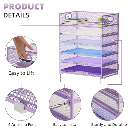 Marbrasse 6 Tier Paper Organizer Letter Tray - Mesh Desk File Organizer with Handle, Paper Sorter for Letter/A4 Office File Folder Holder - Purple - color: 6 Tier - Purple